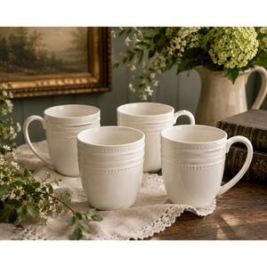 Mikasa Kamryn Vegan Bone China White Coffee Mugs Set of 4 Beaded 4" 13.5 Ounce